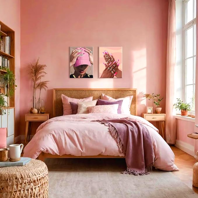 Black Girl Wall Art Set of 3 - Pink African American Woman Canvas Wall Decor Pictures, Fashion Black Woman Paintings Prints for Living Room Bedroom Bathroom Dorm 12x16 inch Framed