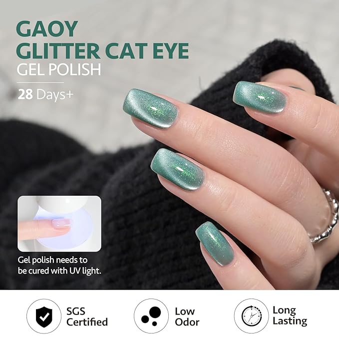 GAOY Teal Cat Eye Gel Nail Polish, 16ml Green Glitter Holographic Nail Polish with Magnet, Reflective Translucent UV Gel, 2930 Shimmering Lake