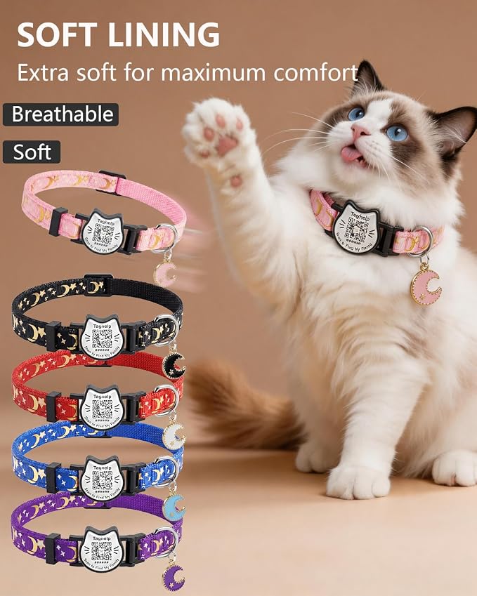 Star and Moon QR Code Cat Collar - Breakaway Safety Reflective Collar with Custom Engraved Tag, Adjustable Personalized Kitten Collar for Pet Tracking & Contact Info, Includes & Secure Buckle(Pink)