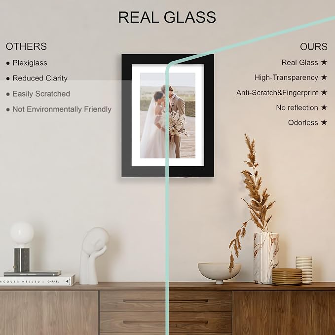 Hongkee 7x10 Picture Frame Set of 4, Made of Real Glass and Black Frame - Display 5.5 x 8.5 Diploma Frame with Mat or 7x10 Without Mat, 7 by 10 Photo for Wall or Tabletop