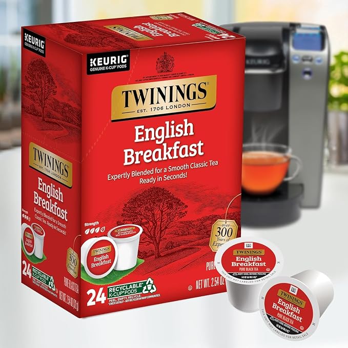 Twinings English Breakfast Tea Single Serve K-Cup Pods for Keurig, Caffeinated, Smooth, Flavourful, Robust Black Tea, 24 Count (Pack of 2)