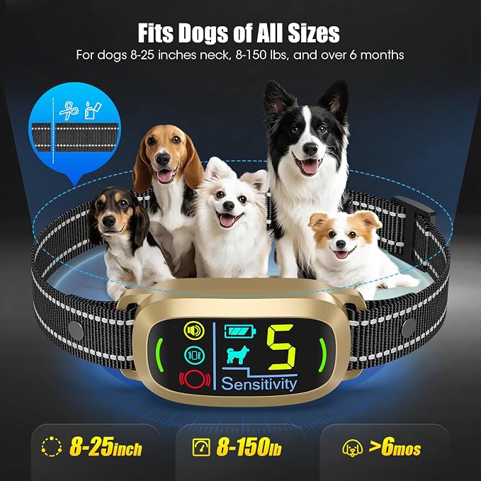 Bark Collar for Small Medium Large Dogs with 5 Training Modes, Gold | AI Bark Recognition, Effective Anti Barking Device with 5 Sensitivity Levels, Rechargeable IP67 Waterproof Anti Bark Collar