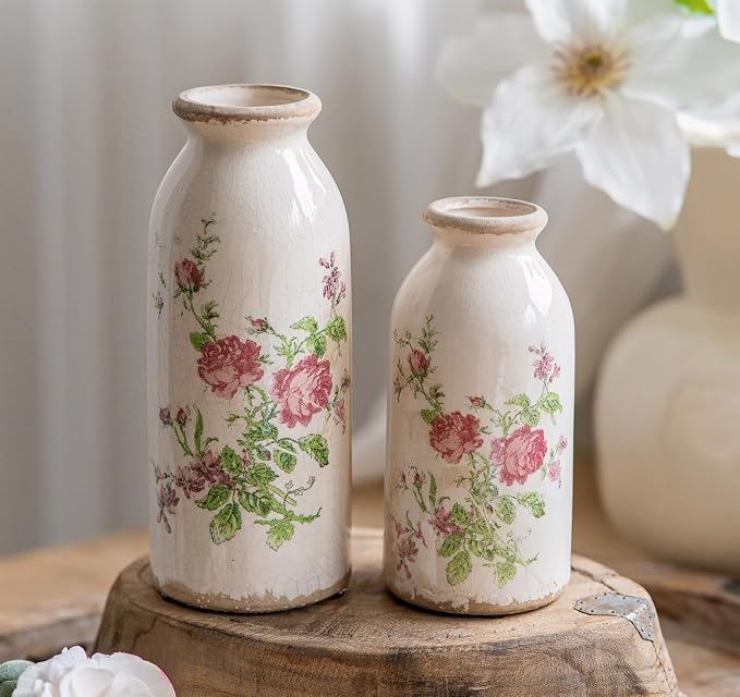 Teweiqi Ceramic Rustic Farmhouse Vase, Distressed Floral Pattern, Holds Water, With Handle, 7.8 inches