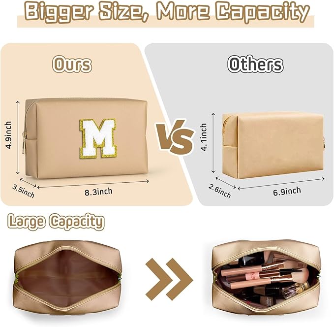TOPEAST Preppy Makeup Bag, Small Cosmetic Travel Bags for Women, PU Leather Waterproof Toiletry Bag with Zipper, Personalized Birthday Gift for Women Girl, Preppy Gifts for Girl (Khaki F)
