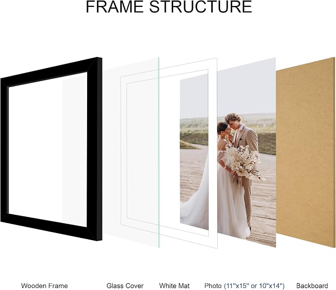 Hongkee 11x15 Picture Frame Set of 4, Made of Real Glass and Black Frame - Display Picture 10x14 with Mat or 11x15 Without Mat, 11 by 15 Photo for Wall Mounting