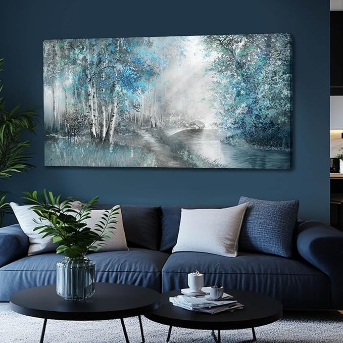 SOUGUAN Canvas Art Wall Decor Large Artwork for Wall Blue Wall Decor for Living Room Forest Pictures Botanical Prints Landscape Arts 24”x48”