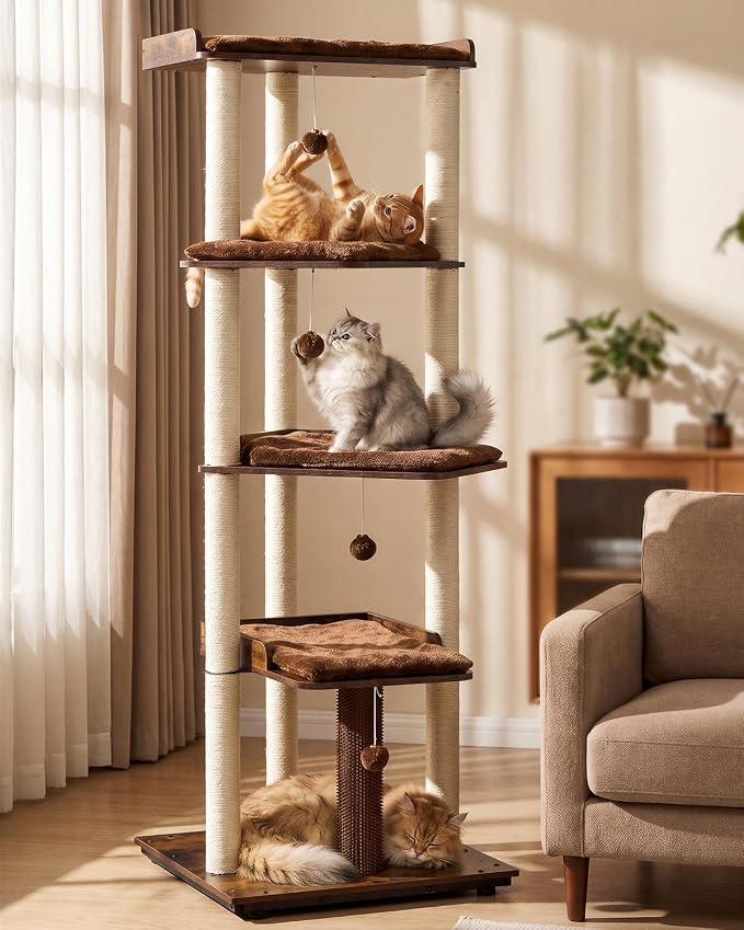 FourFurPets Heavy Duty Cat Tree, 67.7" Cat Tree for Indoor Cats Large Adult, Modern Cat Tower for Large Cats, Cat Tower with Scratching Post, Large Perch and Removable Pads, Rustic Brown