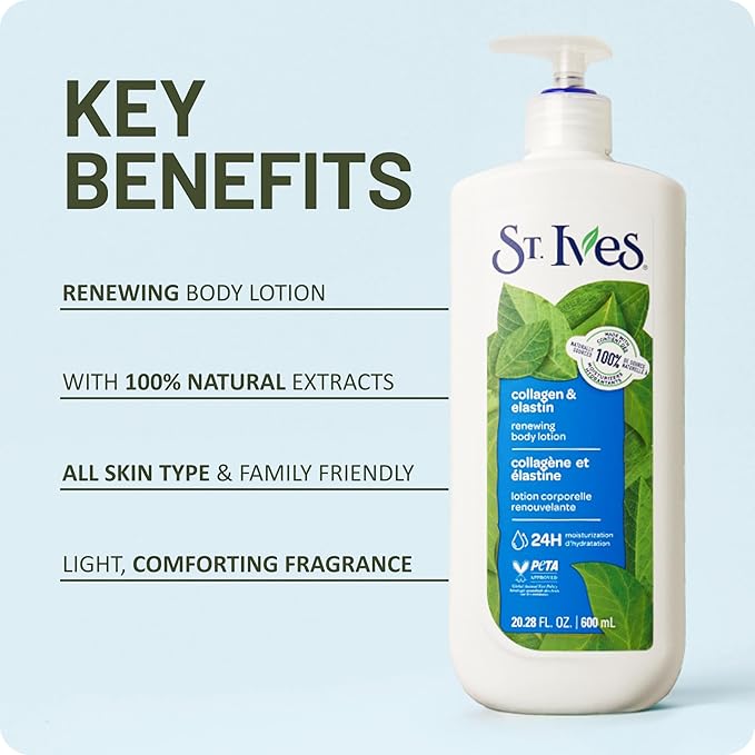 St. Ives Renewing Hand & Body Lotion for Women with Pump, Daily Moisturizer Collagen Elastin for Dry Skin, Made with 100% Natural Moisturizers, 21 fl oz, 4 Pack