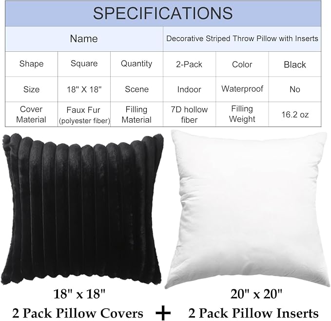 Decorative Throw Pillow with Inserts, Set of 2 Soft Faux Fur Throw Pillows, Square Boho Striped Pillow for Couch, Bed, Sofa Decor(Black, 18" x 18")