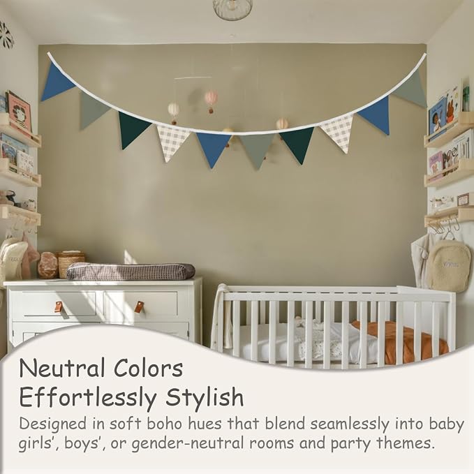 Boys Toddler Room Playroom Nursery Decor, Garland Triangle Banners Blue Grey,11Ft Vintage Warm Neutral Plaid Design Pennant Banner Bunting Flags Fabric for Baby Shower Birthday Party Wall Art