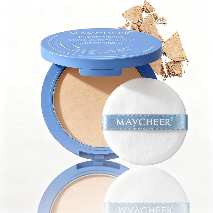 Maycheer Lasting Waterproof Face Powder - 8 Shades Compact, Oil Control Matte Finish, as Foundation & Primer, For All Skin (#02 NATURAL BEIGE)