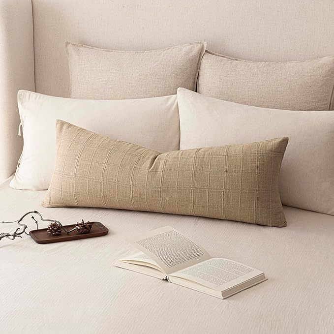 Foindtower Set of 2 Decorative Linen Check Throw Pillow Covers Neutral Farmhouse Vintage Cushion Covers Cozy Modern Coastal Boho Home Decor for Sofa Chair Couch Bedroom Living Room,14×36 Inch,Camel