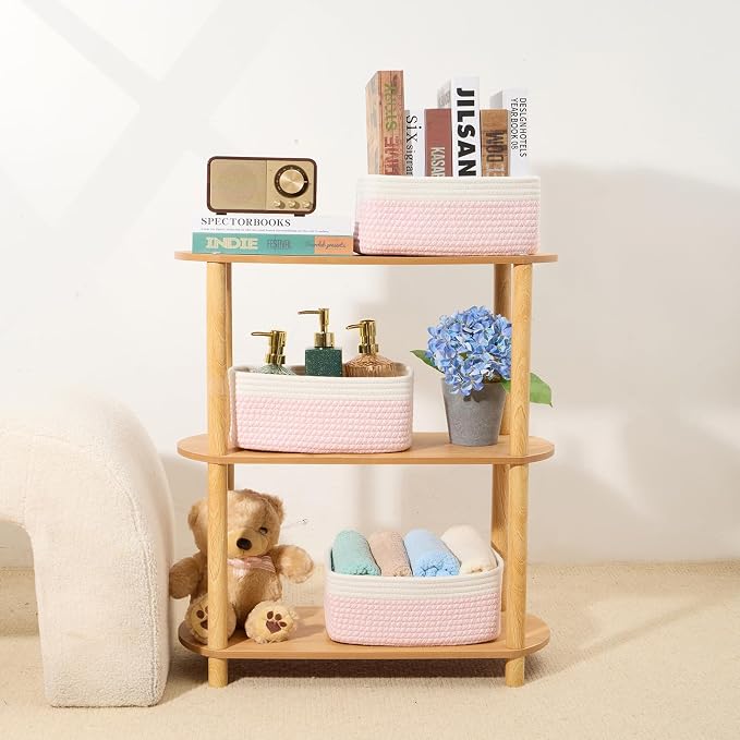 MiniArk Small Storage Baskets for Organizing | Closet Organizer Bins | Shelf Toy Basket | Woven Rope Baskets | Cube Decorative Box | Shallow Basket | 11.5x7.5x4.7” | 4 Packs White Pink