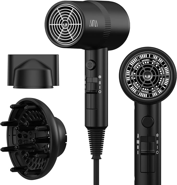 AINA Hair Dryer with Diffuser, Blow Dryer for Women | Advanced Ionic Technology, Ceramic Coating | Cold Shot Features Turbo Heat for Fast Drying and Shine 110V/ALCI (Vader Black)