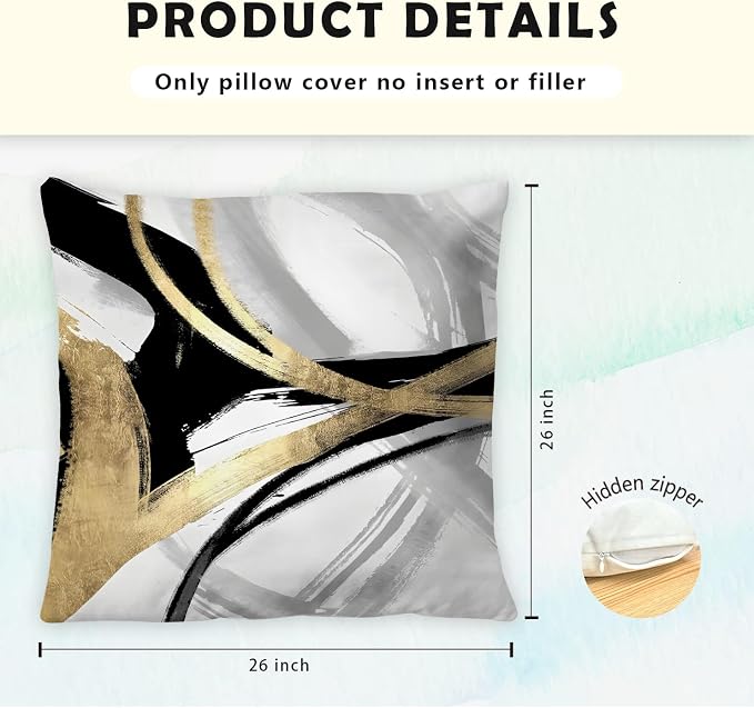 Black White and Gold Pillow Covers, Abstract Black and Gold Pillow Covers 26x26 Set of 2, Modern Boho Home Decor, Black and Gold Pillows Decorative Throw Pillows for Couch Living Room Bedroom