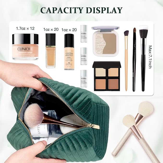 COSHAYSOO Personalized Birthday Retirement Gifts for Women Unique Travel Makeup Bag Quilted Make Up Cosmetic Pouch Woman Friend Gift Green Velvet Beauty Accessories Organizer Initial Letter S