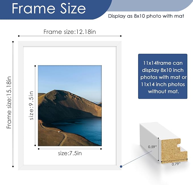 11x14 Picture Frame Set of 6,Wall or Tabletop,White Woodgrain | Display 8x10 with Mat or 11x14 Without Mat, Horizontal or Vertical, Gallery Wall Frame Set for Wedding & Room & Home Decor