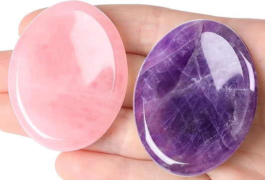 QINJIEJIE 2PCS Thumb Worry Stones for Anxiety Healing Crystals Rose Quartz Amethyst Hand Carved Stones Pocket Meditation Oval Crystal Natural Reiki Relax Palm Stone Therapy Stocking Stuffers Adults