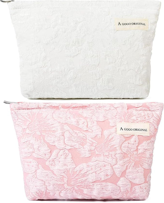SOIDRAM 2 Pieces Flower Makeup Bag Large Floral Cosmetic Bag Capacity Canvas Travel Toiletry Bag Organizer Cute Makeup Brushes Aesthetic Accessories Storage Bag for Women, Flower L White Pink
