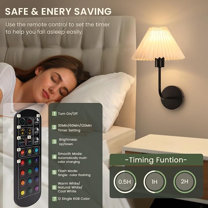 Rechargeable Battery Operated Wall Sconces Sets of 2, 15 Colors Wireless Wall Sconce, Black Wall Lights Fixture with Dimmable Bulbs and Remote, Not Hardwired Wall Mounted Lamps for Bedroom Living Room