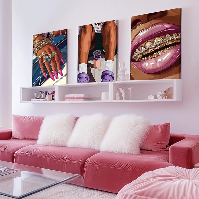 Framed Black Girl Wall Art Set of 3, Trendy Hip Hop Black Woman Wall Decor Paintings, Fashion African American Pictures Canvas Prints for Home Living Room Girly Bedroom 12x16 inch