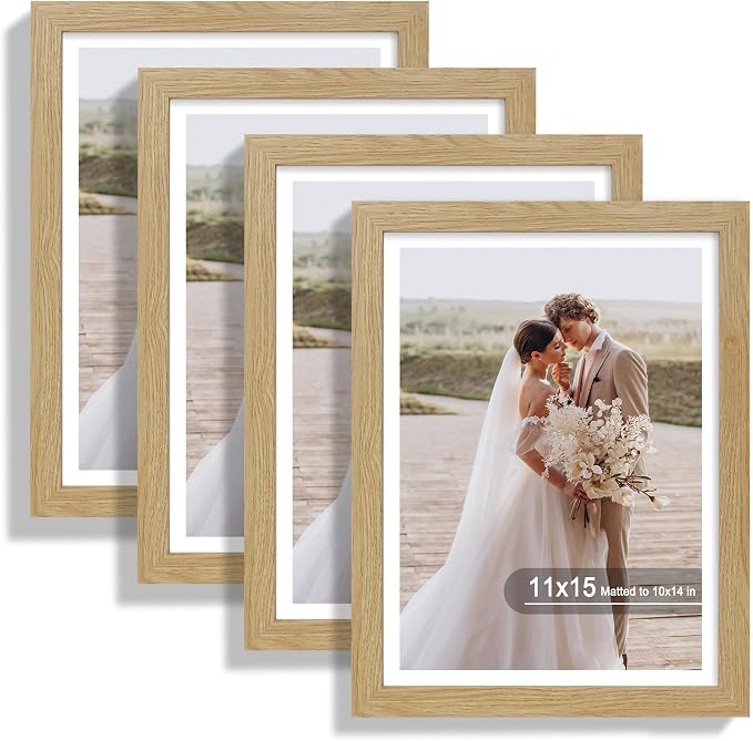 Hongkee 11x15 Picture Frame Set of 4, Made of Real Glass and Natural Oak Frame - Display Picture 10x14 with Mat or 11x15 Without Mat, 11 by 15 Photo for Wall Mounting