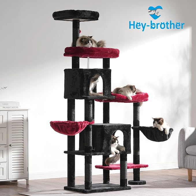 Hey-brother Cat Tree Tower with Stable Extended Base, 3 Platforms, MPJ038BR | 70.9 Inches Multi-Level Sisal Scratching Posts, Wide Bed, 2 Cozy Condos, 2 Hammocks, Toy Balls for Indoor Cats, Black and Red