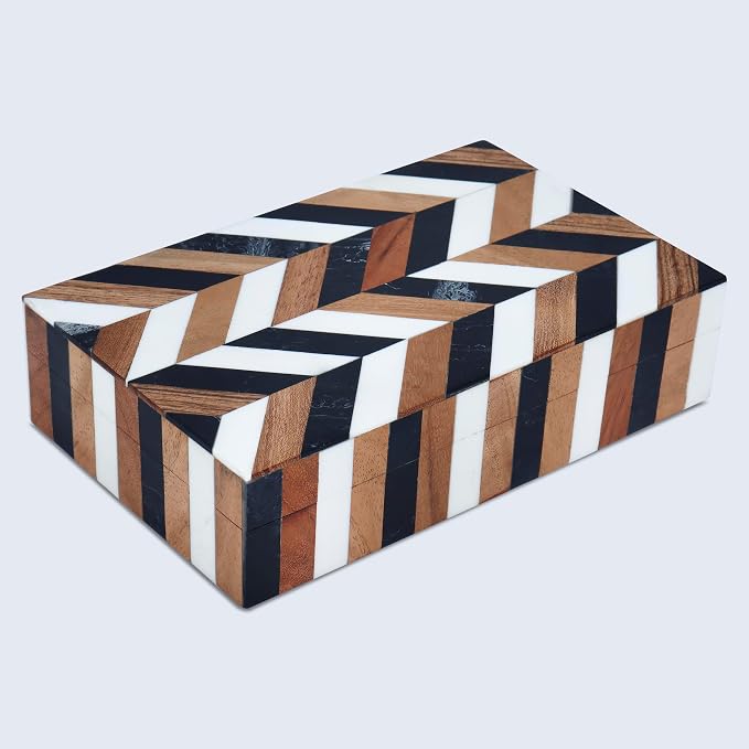 Handicrafts Home Small Decorative Storage Box with Lid Wooden Jewelry Box Trinket Box for Shelf Decor – Natural Wood Resin Inlay Marquet Cosmo Collection- 5x7x1.5