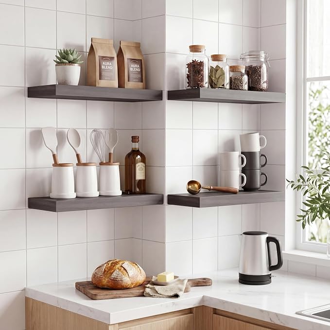 Fixwal Floating Shelves for Wall Decor (Grey, Set of 4, 15.7 Inch) | MDF Shelves with Metal Brackets, Space Saving for Books, Decor, Works in Bathroom, Kitchen, Living Room, Bedroom