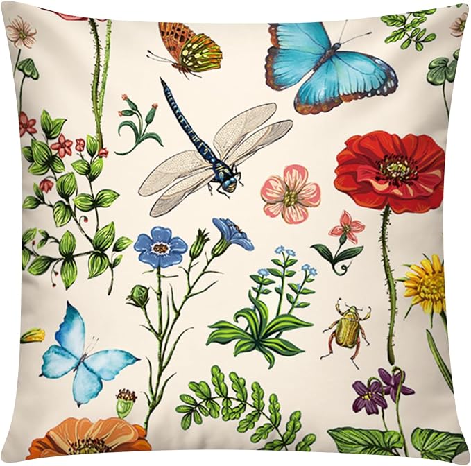 Spring Summer Throw Pillow Covers 18x18 Set of 6, Wildflower Nature Decor | spring summer floral bloom, Standard Throw Pillow Size, Breathable Linen, Neutral flower, Couch Sofa Living Room decor