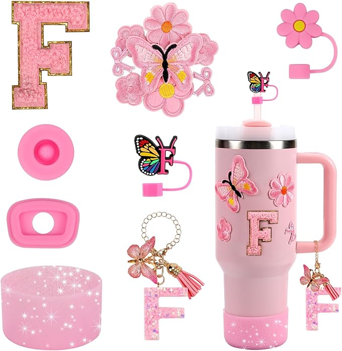 15PCS Cup Accessories Set for Stanley Cup 30oz 40oz Tumbler with Handle, Including Silicone Straw Cover and Boot, Spill Proof Stopper, Stanley Charms, Handle Charm, Initials Sticker