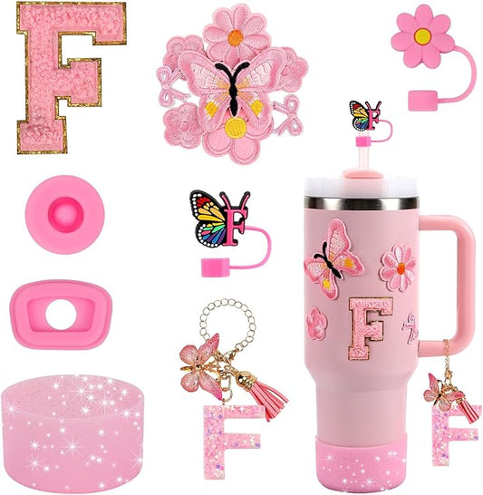 15PCS Cup Accessories Set for Stanley Cup 30oz 40oz Tumbler with Handle, Including Silicone Straw Cover and Boot, Spill Proof Stopper, Stanley Charms, Handle Charm, Initials Sticker
