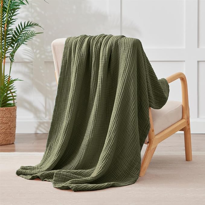 100% Cotton Muslin Blanket Queen 90" x 90", Breathable and Lightweight Cotton Throw Blanket for Bed, Soft Cooling Summer Gauze Blanket for Adults All Season, Olive Green