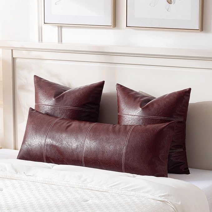 Fancy Homi Burgundy Boho Long Lumbar Faux Leather Decorative Throw Pillow Covers 14x36 Inch for Living Room Couch Bed Sofa, Hand Stitched Rectangle Cushion Case, Rustic Modern Farmhouse Home Decor