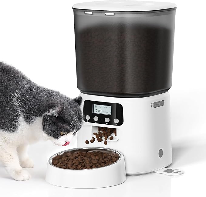 Petrice Automatic Cat Feeder, 4L/16Cups Cat Food Dispenser with Stainless Steel Bowl 30 Portions 6 Meals per Day, Programmable Auto Cat Feeder for Kitty Small Dogs with 10S Voice Record, White