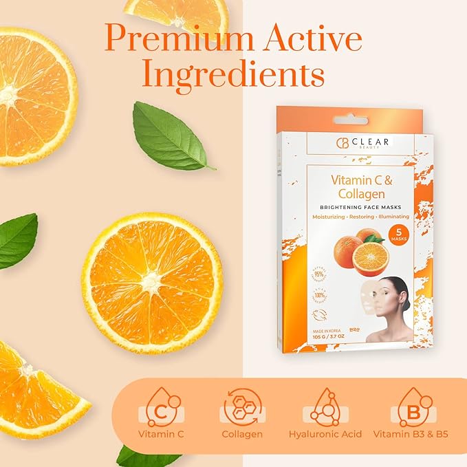 Clear Beauty Vitamin C & Collagen Face Mask - Dermatologist Tested, Diminishes Fine Lines & Wrinkles, Anti-Aging, Natural Ingredients Cruelty-Free Korean Skin Care, All Skin Types - 4 Pack
