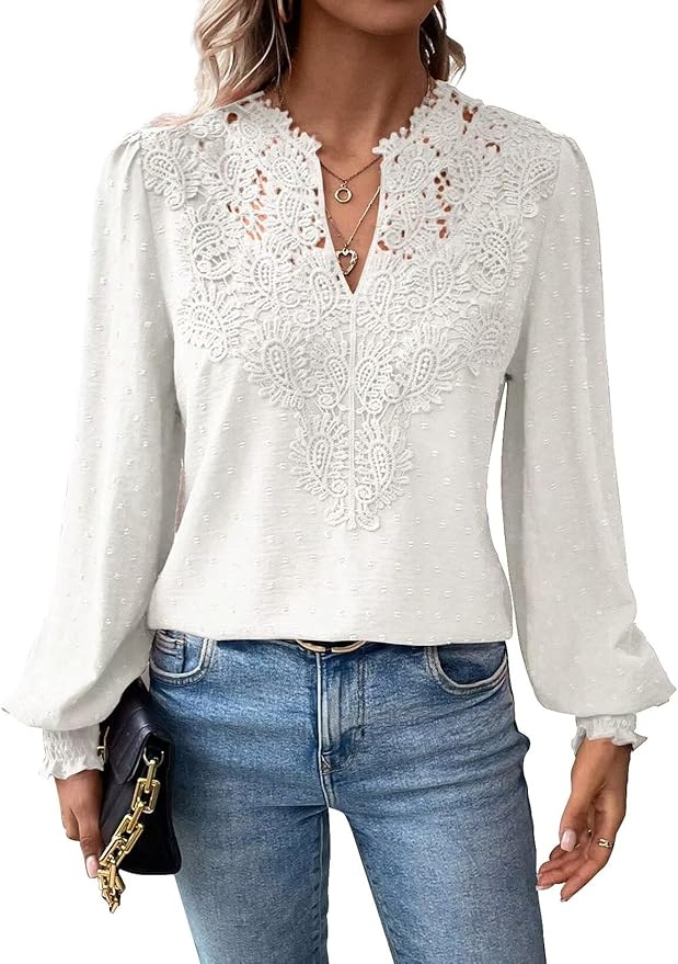 Womens Tops Swiss Dot Boho Long Sleeve Shirts V Neck Casual Chiffon Blouses Flowy Lace Hem Cute Clothing Trendy 2026