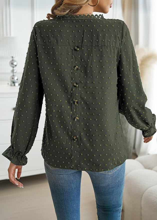 Womens Boho Tops Long Sleeve Shirts For Women Cute Crewneck Blouse Dressy Casual Swiss Dot Crochet Hollow Top 2026