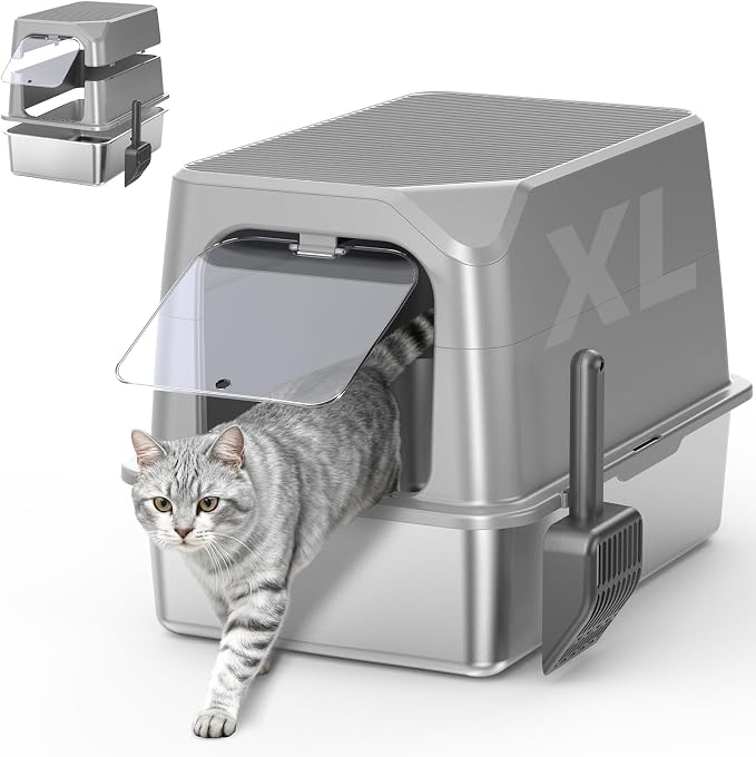 XL Stainless Steel Litter Box with Lid, Enclosed Cat Litter Box,Front Entry | XL for Big Cats, High Sides Enclosed Design, Anti-Urine Leakage, Non-Stick Odor-Free, Easy Clean, Reduce Litter Tracking