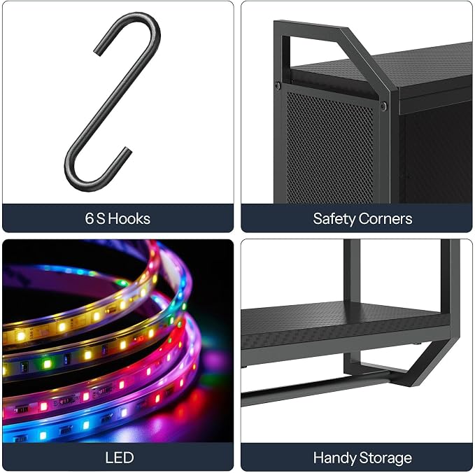 HOOBRO Gaming Floating Shelves with LED Lights, 28.7" LED Wall Mounted Shelf, 3-Tier Display Rack for Wall Storage, Floating Rack with Hanging Rod and 6 S-Hooks, for Gaming Room, Black BB70DBJ01