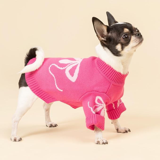 Fitwarm Bowknot Valentines Dog Sweater, Thermal Dog Winter Clothes for Small Dogs Girl, Charming Dog Valentines Outfit, Doggy Pullover Jumper, Holiday Pet Apparel, Pink, Large