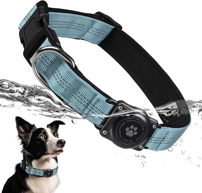 Upgrade Dog Collar with AirTag Holder, IP68 Waterproof, Light Blue, M | Built-in Water Resistant AirTag holder, 1000D Nylon, Reflective Stitching for Night Visibility, Soft padding for Comfort