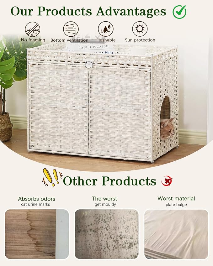 SETVSON Cat Litter Box Enclosure Furniture, Handwoven PE Rattan, White | Large Double-Door PE Rattan Kitty House, Fits Large Covered Litter Boxes, 2 Litter Mats, 2 S-Hooks, Metal Frame