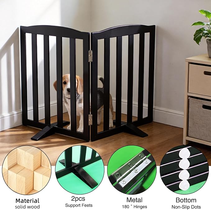 ZJSF Foldable Freestanding Indoor Dog Gate for House Wood Long Pet Gates Dog Fence for Stairs Puppy Gates for Hallways, Puppy Gate,Support Feet Included, Black, 24 "Height-2 Panels