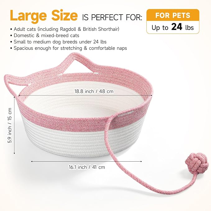 Cotton Rope Woven Cat Bed, Instinct Pet Basket with a Play Ball, Large | Foldable Cat Scratcher Basket for Indoor Cats, Puppies, Rabbits and Small Pets, Pink & White