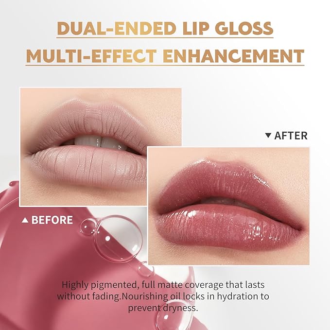 Color Nymph Matte Liquid Lipstick with Clear & Shimmer Lip Oil for Women & Girls | 2PCS Lip Makeup Set | High Pigment Color Long-Lasting Dual Ended Lip Gloss | Cruelty-Free & Vegan (2-Count, 01)