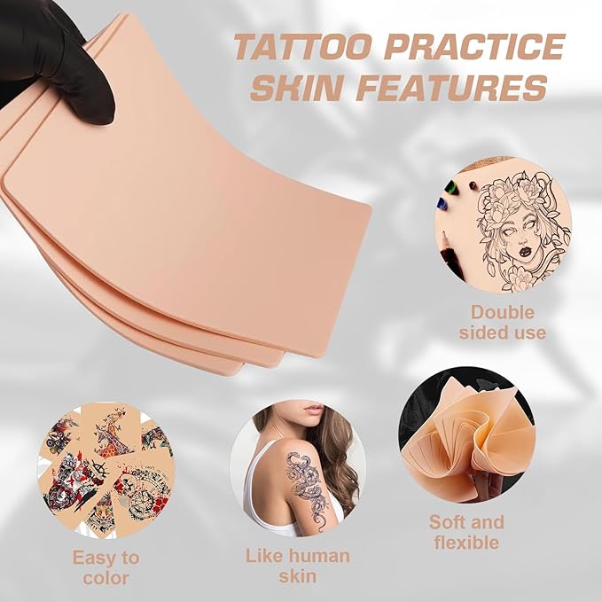 Tattoo Practice Skin Sheets, 8x6 Inch Fake Skin 15-Pack with 1mm/2mm/3mm Thickness - Realistic Feel Reusable Silicone for Tattoo Training, Beginners & Professional Artists
