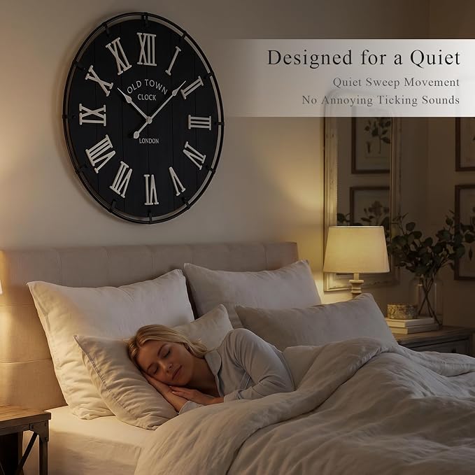 EMAX HOME Inch Large Black Wall Clock, Rustic Distressed Wooden Dial with 3D White Roman Numerals, Silent Sweep Movement, High Contrast Farmhouse Decor for Bedroom, Kitchen, or Dining Room.