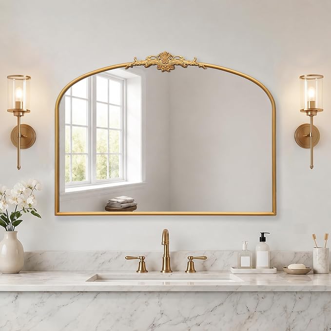 Besdomus Vintage Arched Gold Mirror: 40"x29" Large Arch Antique Decorative | French Baroque Metal Framed Mirrors - Traditional Ornate for Entryway/Bedroom/Fireplace/Bathroom - Ideal for Home Renovations