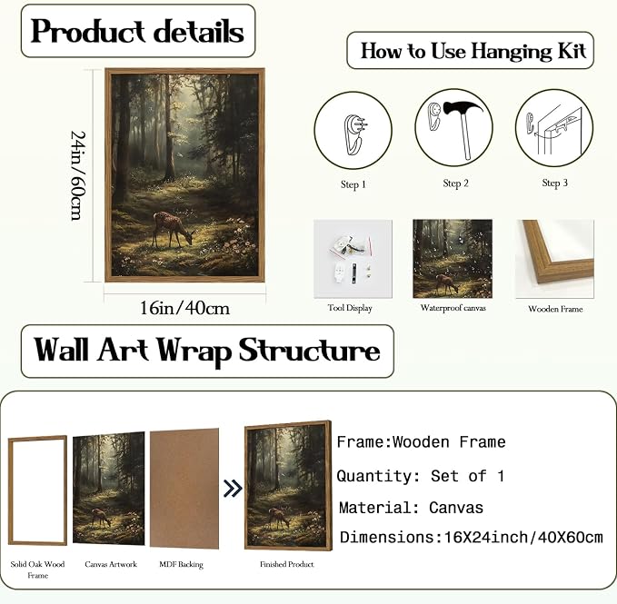 Framed Vintage Forest Deer Canvas Wall Art, Rustic Nature Landscape Paintings Wall Decor, Woodland Animal Pictures Prints Cottagecore Home Decor for Living Room Bedroom Office 16x24 inch